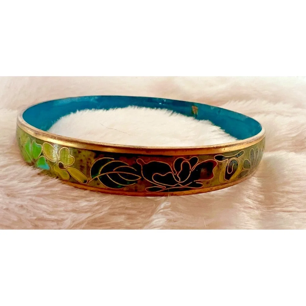 Vintage Cloisonne‎ Bangle Floral Green Teal Enamel Brass Bracelet Earth Tones